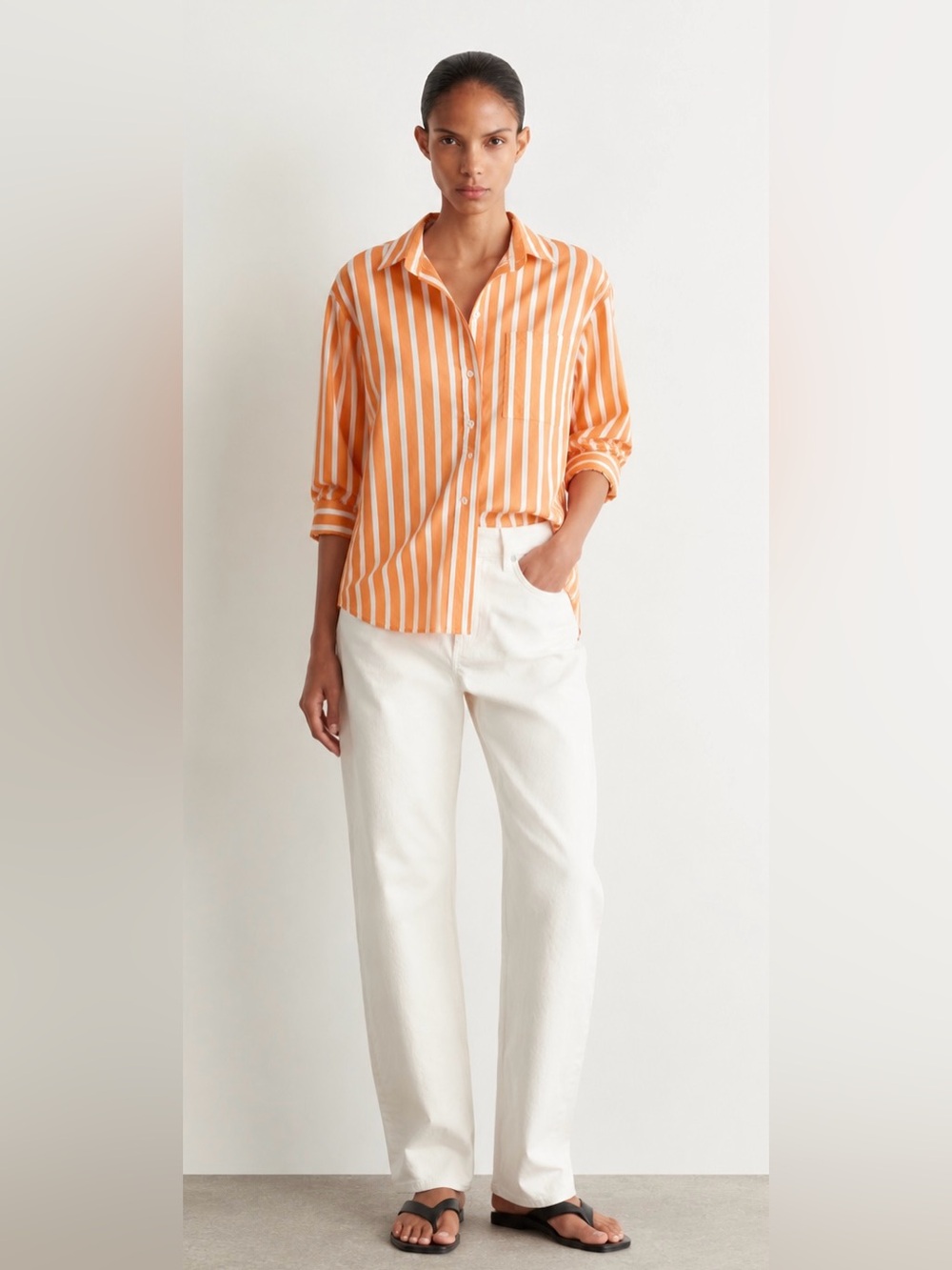 Karlie Orange Stripe Button Up Shirt S | Oversized Cotton Pocket Top